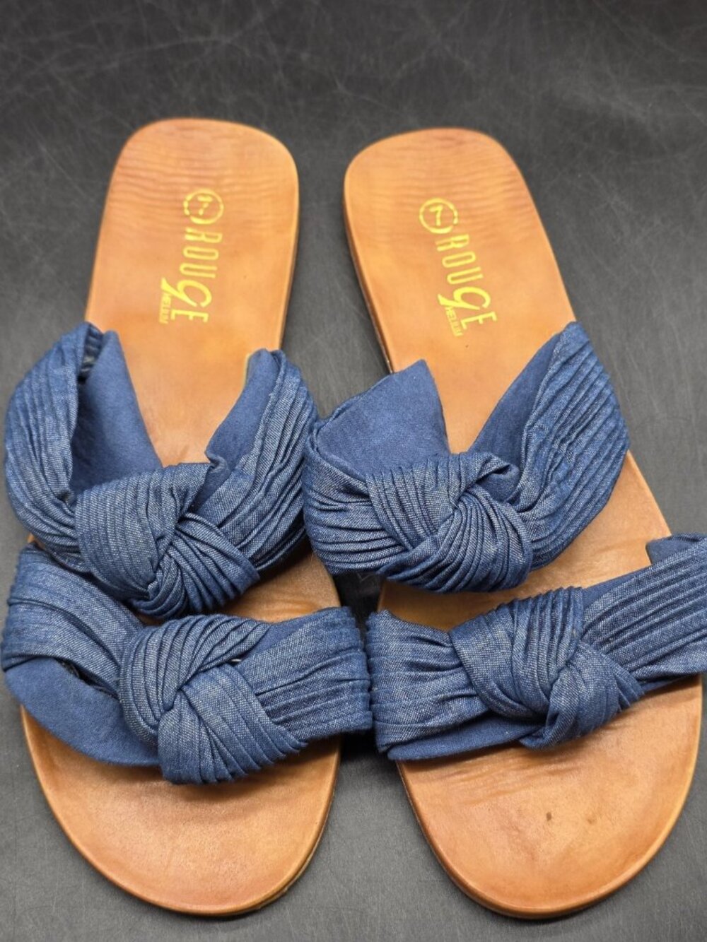 Rouge Helium Sandals Womens Size 7 Blue Pleated Bow Flat Slide Casual Shoes